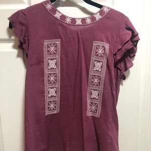 Mauve embroidery blouse with flutter sleeves